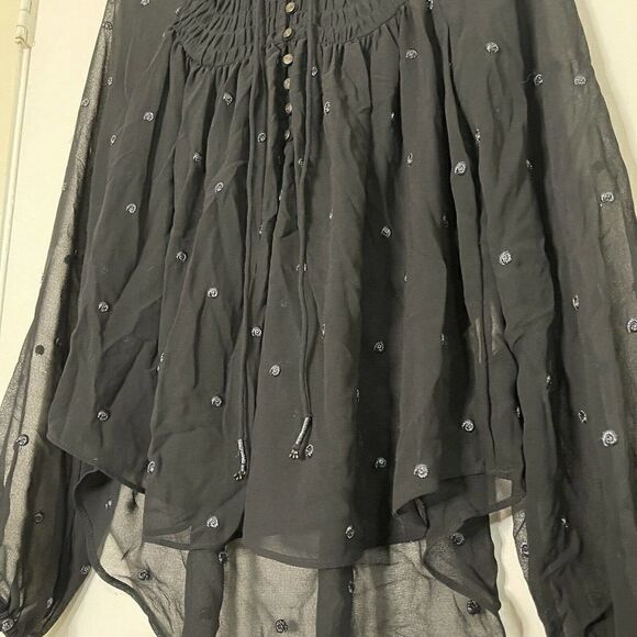 Free People Ready to Run Black Chiffon Boho sheer Long sleeve Top XS - Picture 3 of 7